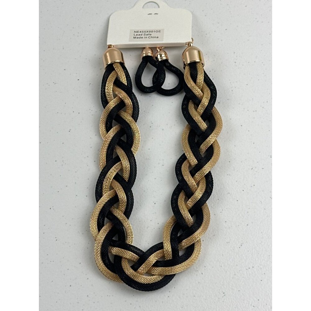 Gold & Black Braided Necklace With Matching Earrings Statement Jewelry Set